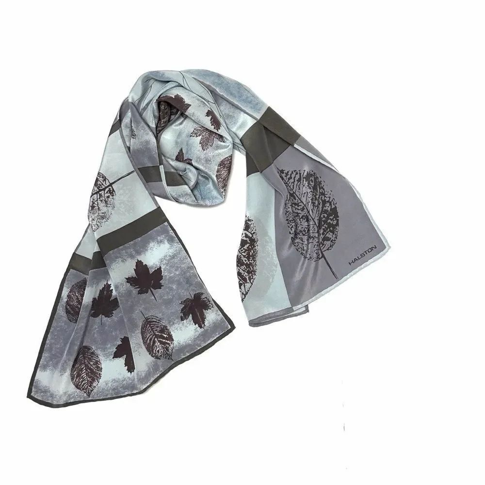 Halston Gray Silk Rectangle Scarf Tree Leaves Print Hand Rolled 13x57"